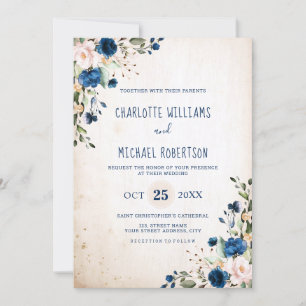 Invitation Marine Blue Blush Rose Rustic Country Floral Maria