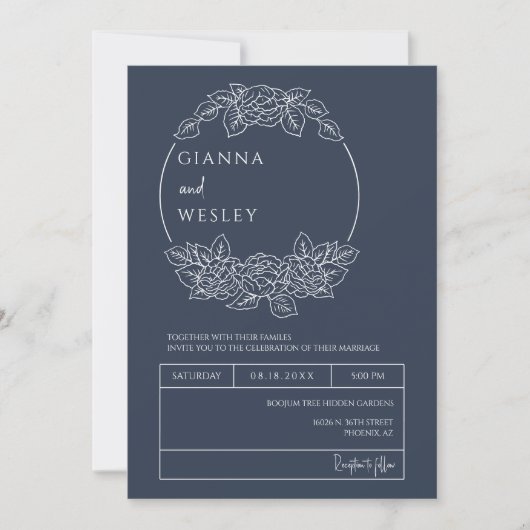 Invitation Marine Blue Botanical Line Art Boho QR Code Photo (Devant)