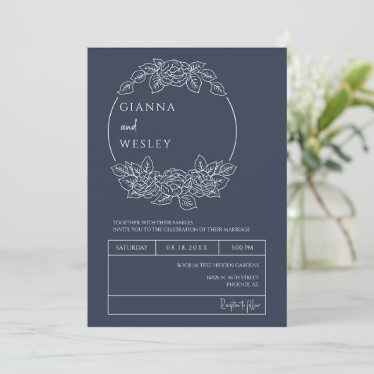 Invitation Marine Blue Botanical Line Art Boho QR Code Photo (Debout devant)