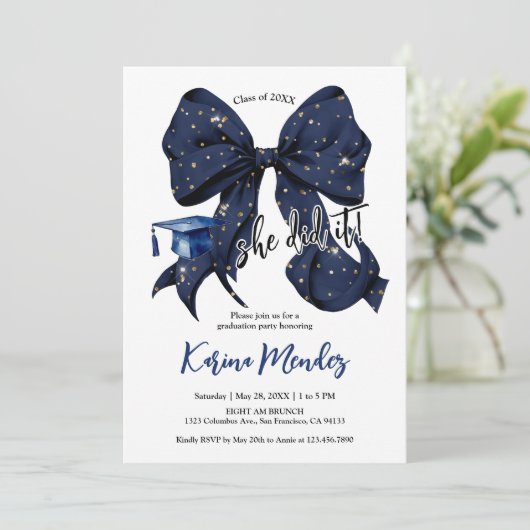 Invitation Marine Blue Bow avec Gold Parties scintillant Grad (Debout devant)
