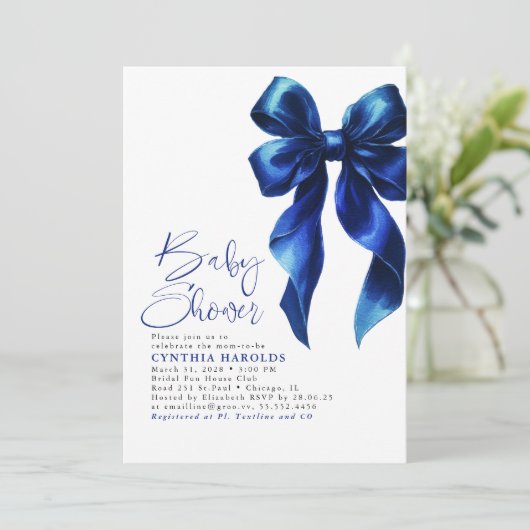 Invitation Marine Blue Bow Moderne Cute Baby Boy Baby shower (Debout devant)