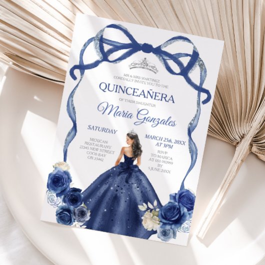 Invitation Marine Blue Bow Princesse Silver Crown Quinceañera