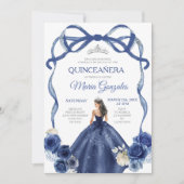 Invitation Marine Blue Bow Princesse Silver Crown Quinceañera (Devant)