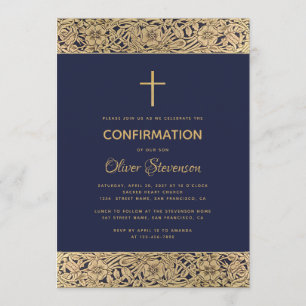 Invitation Marine Blue Boy Confirmation Floral Gold Roses Cro
