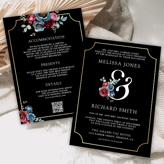 Invitation Marine Blue Burgundy Floral Ampersand Black Mariag