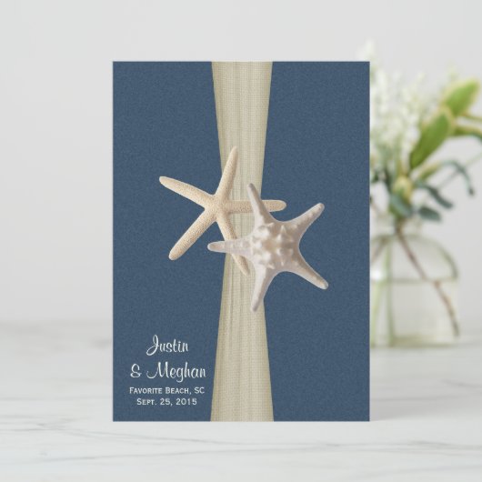 Invitation Marine Blue Burlap et Starfish Beach Wedding (Debout devant)