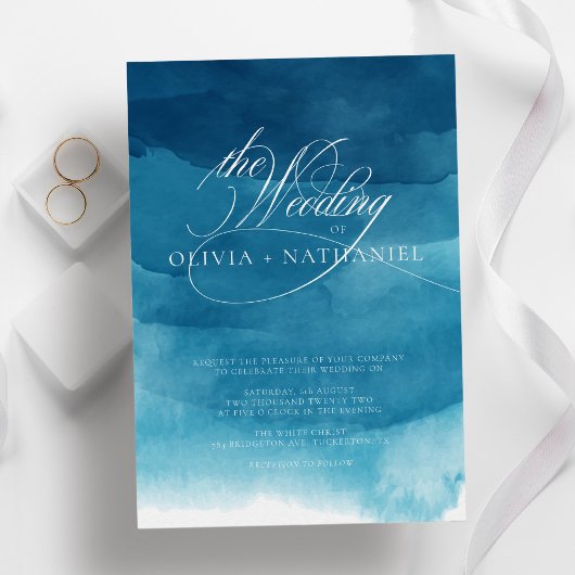 Invitation Marine Blue Calligraphie Abstrait Mariage d'aquare
