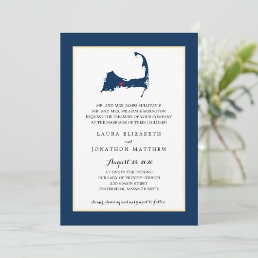 Invitation Marine Blue Centerville Cape Cod Map Mariage (Debout devant)
