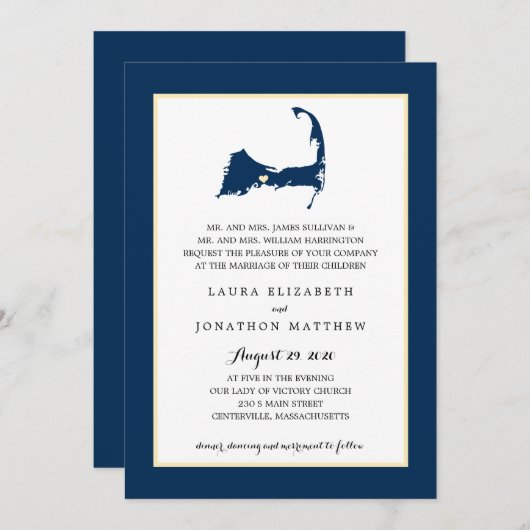 Invitation Marine Blue Centerville Cape Cod Map Mariage (Devant / Derrière)