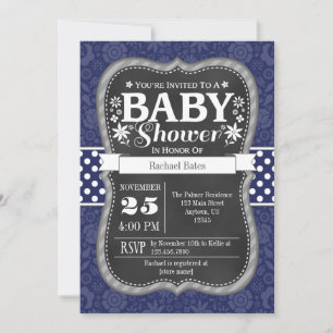 Invitation Marine Blue Chalkboard Floral Baby shower Invitati