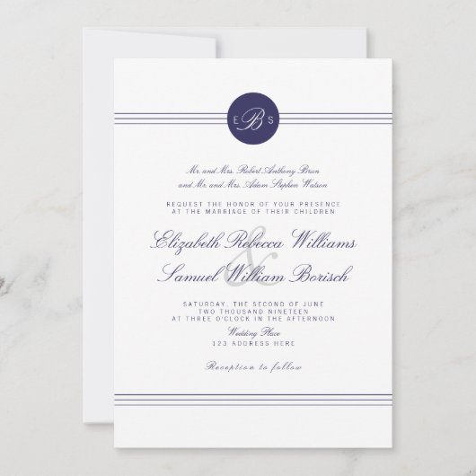 Invitation Marine Blue Chic Blanc Monogramme de mariage Invit (Devant)