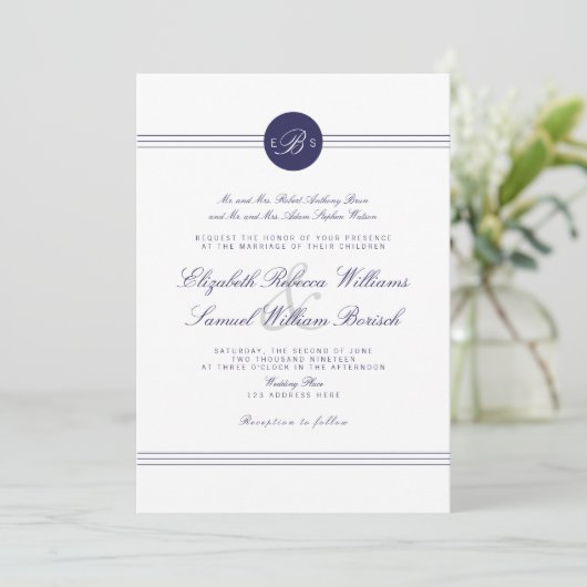 Invitation Marine Blue Chic Blanc Monogramme de mariage Invit (Debout devant)