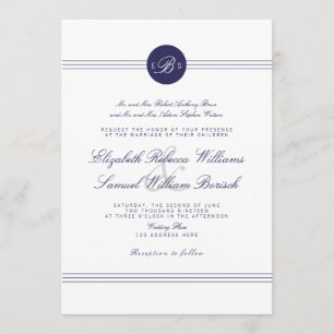 Invitation Marine Blue Chic Blanc Monogramme de mariage Invit