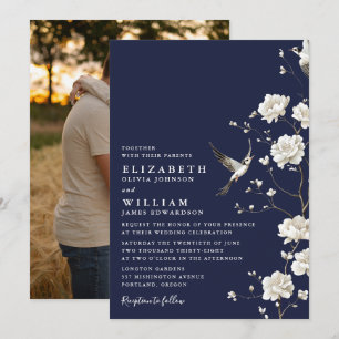 Invitation Marine Blue Chinoiserie Floral Garden Wedding Phot