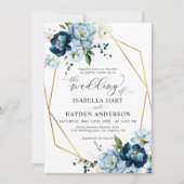 Invitation Marine Blue Cream Elegant Floral Gold Frame Mariag (Devant)