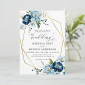 Invitation Marine Blue Cream Elegant Floral Gold Frame Mariag (Debout devant)