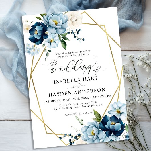 Invitation Marine Blue Cream Elegant Floral Gold Frame Mariag
