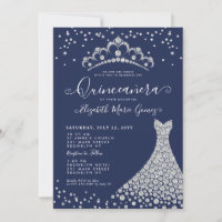 Marine Blue Diamond Sparkle Tiara Gown Quinceanera