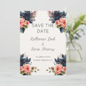Invitation Marine Blue Dusty Rose Floral Enregistrer la date  (Debout devant)