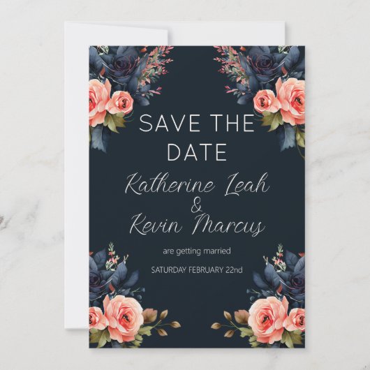 Invitation Marine Blue Dusty Rose Floral Wedding Enregistrer  (Devant)