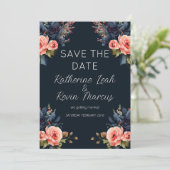 Invitation Marine Blue Dusty Rose Floral Wedding Enregistrer  (Debout devant)