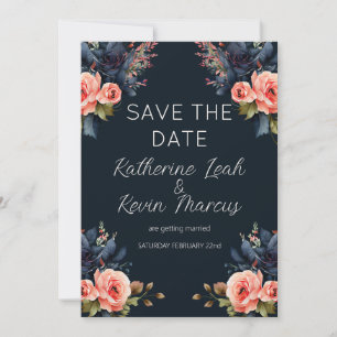 Invitation Marine Blue Dusty Rose Floral Wedding Enregistrer 