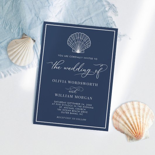 Invitation Marine Blue Elegant Beach Seashell Mariage
