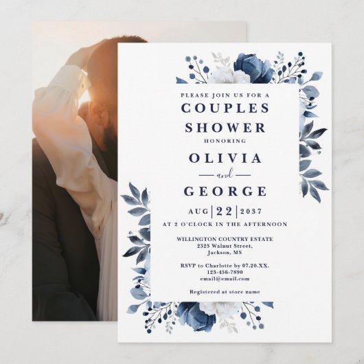 Invitation Marine Blue Elegant Floral Couples Douche Photo (Devant / Derrière)