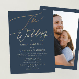 Invitation Marine Blue Elegant Gold La photo Mariage