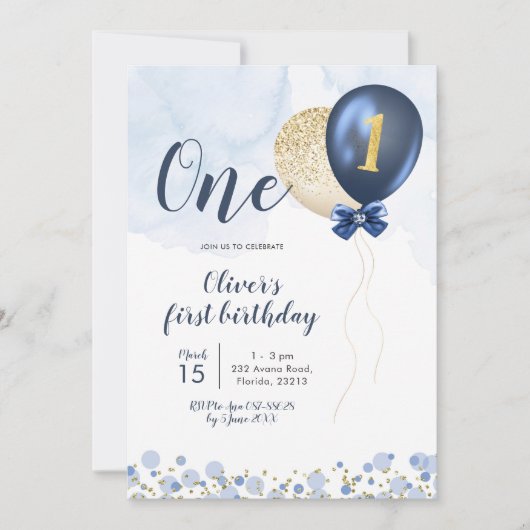Invitation Marine Blue et Gold Balloon Boy Premier anniversai (Devant)