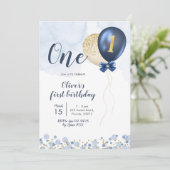 Invitation Marine Blue et Gold Balloon Boy Premier anniversai (Debout devant)