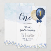 Invitation Marine Blue et Gold Balloon Boy Premier anniversai (Devant / Derrière)