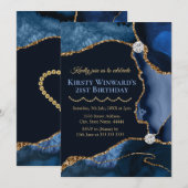 Invitation Marine Blue et Gold Parties scintillant Agate Anni (Devant / Derrière)