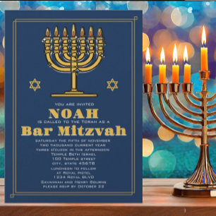 Invitation Marine Blue et Gold Star de David Bar Mitzvah