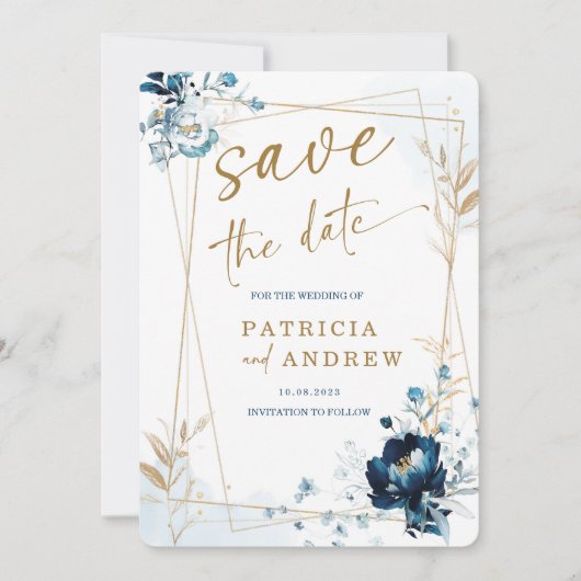 Invitation Marine Blue et Gold Wedding Enregistrer la date (Devant)