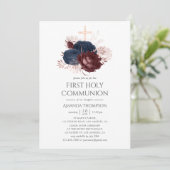 Invitation Marine Blue et Maron Floral Holy Communion (Debout devant)