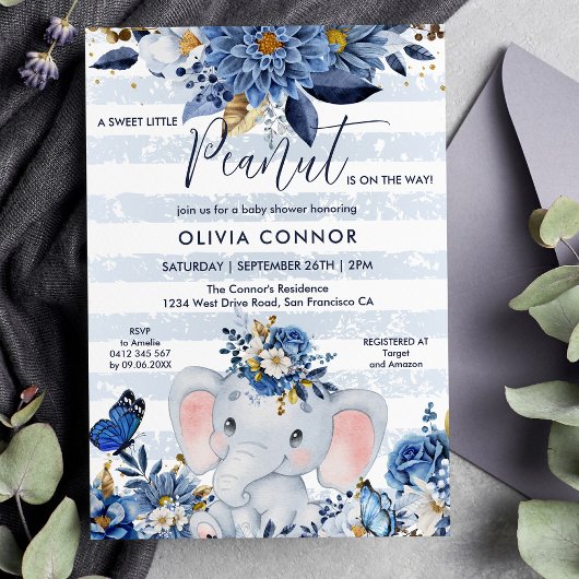 Invitation Marine Blue et or Floral Elephant Baby Boy Douche 