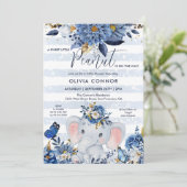 Invitation Marine Blue et or Floral Elephant Baby Boy Douche  (Debout devant)