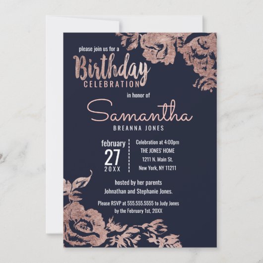Invitation Marine Blue et Rose Gold Floral fête d'anniversair (Devant)