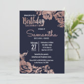 Invitation Marine Blue et Rose Gold Floral fête d'anniversair (Debout devant)