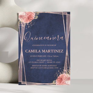 Invitation Marine Blue et Rose Gold Quinceanera Party