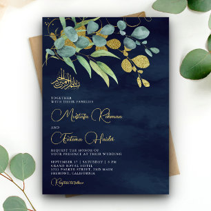 Invitation Marine Blue Eucalyptus Gold Branche Mariage islami