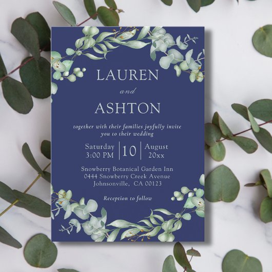 Invitation Marine Blue Eucalyptus Mariage de verdure