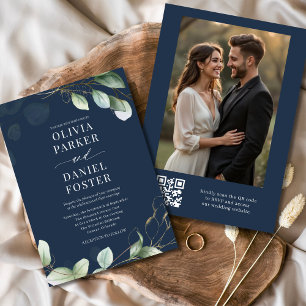 Invitation Marine Blue Eucalyptus QR Code Mariage photo