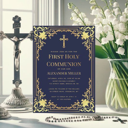 Invitation Marine Blue Faux Gold Elegant Boy First Communion