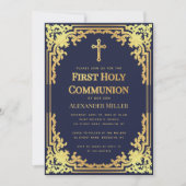 Invitation Marine Blue Faux Gold Elegant Boy First Communion (Devant)