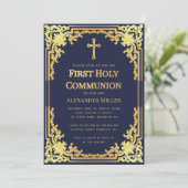 Invitation Marine Blue Faux Gold Elegant Boy First Communion (Debout devant)