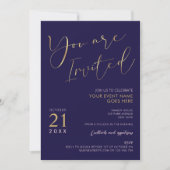 Invitation Marine Blue & Faux Gold Script Logo Entreprise Évé (Devant)