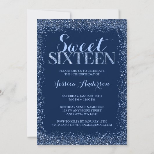 Invitation Marine Blue Faux Parties scintillant Sweet 16 Anni (Devant)