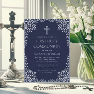 Invitation Marine Blue First Communion Boy Vintage Grey Feuil
